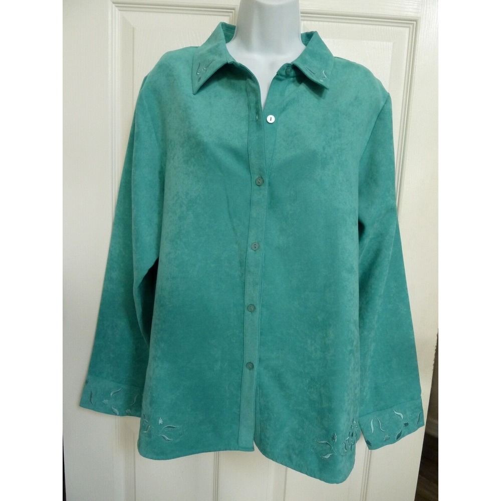Relativity Aqua Faux Suede Embroidered Shacket Blouse XL R6900EH NEW